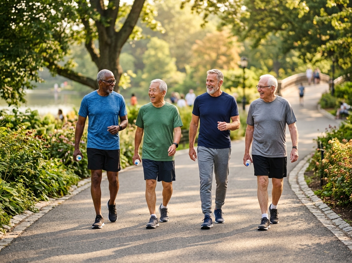 Diverse older men playing brisk-walking outdoors, smiling and energetic
