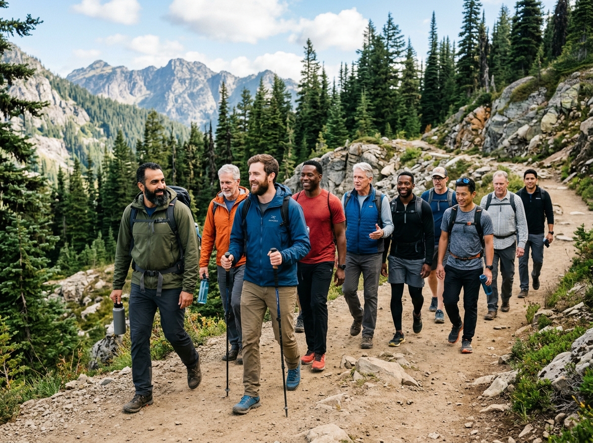 A diverse group of men hiking outdoors for the 12-week program