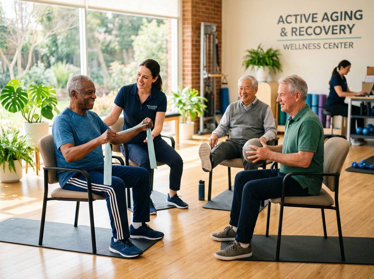 Older men participating in a specialized pelvic floor physical therapy session