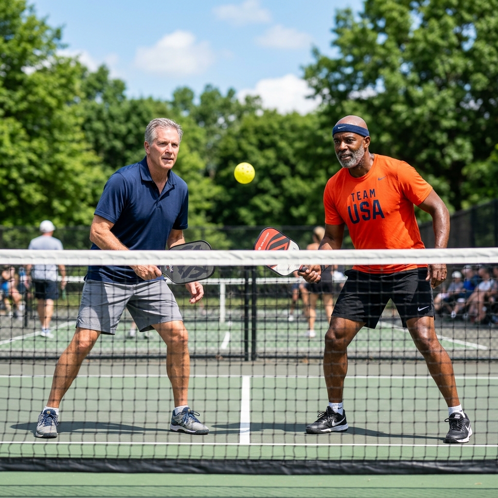 Diverse group of men over 45 playing pickleball