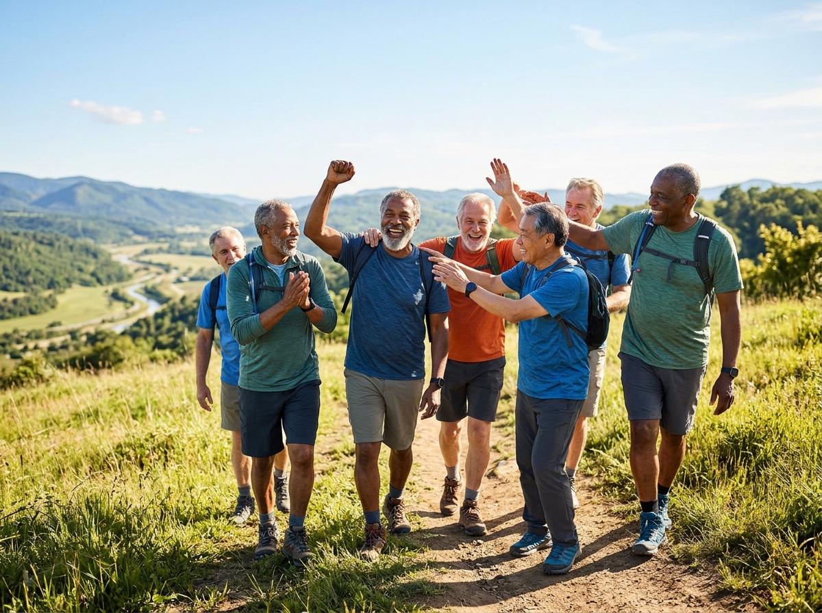 A victorious group of older male cancer survivors hiking in the sunshine