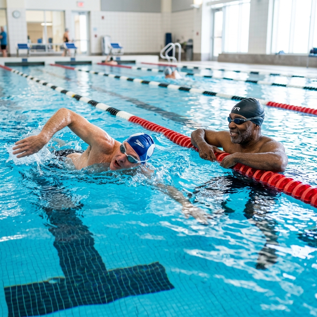 Men swimming laps in a community aquatic center