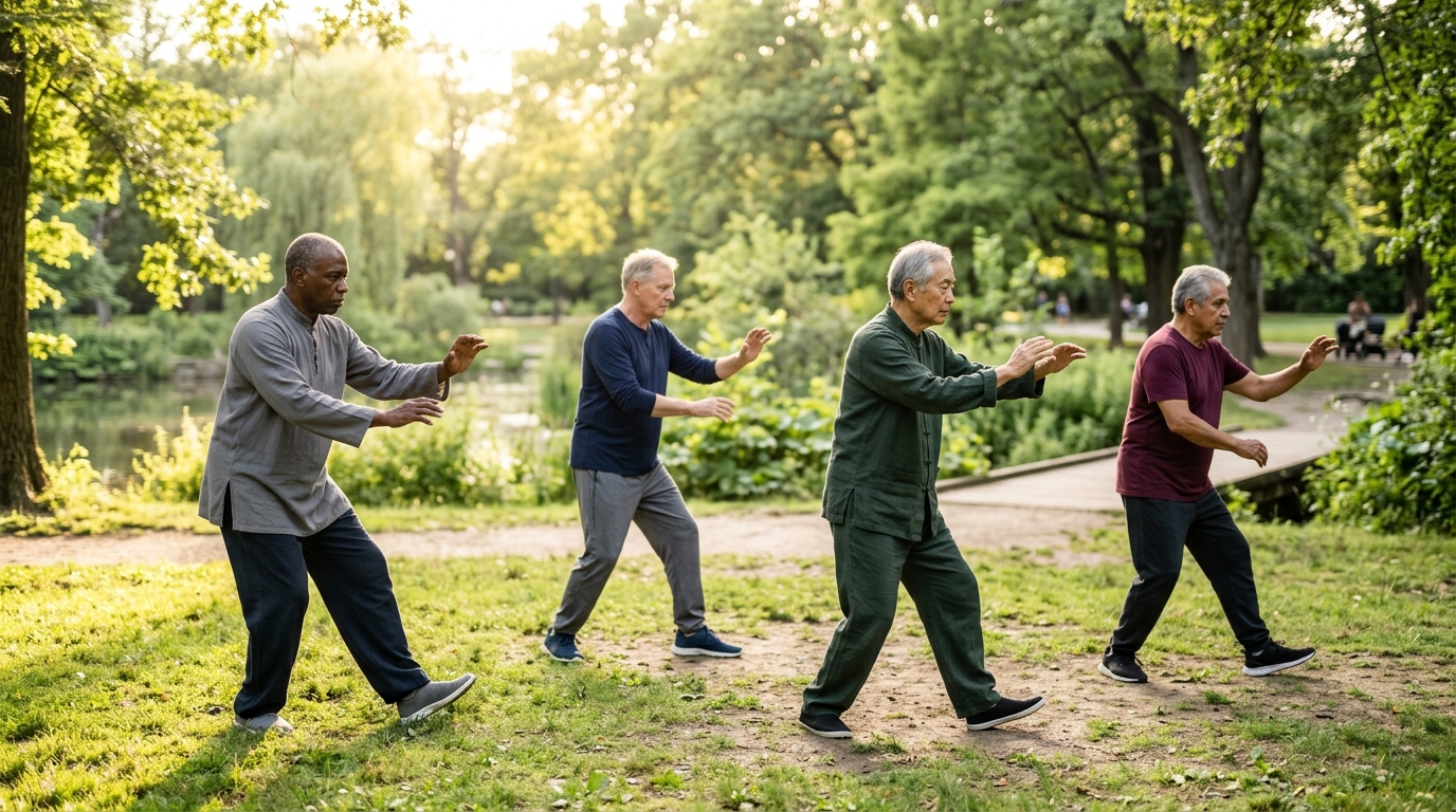 Diverse older men practicing Tai Chi outdoors in a serene park